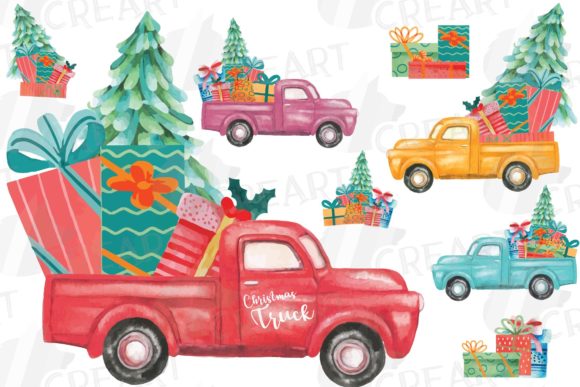 Watercolor Holiday Pine Truck Clip Art Ideas